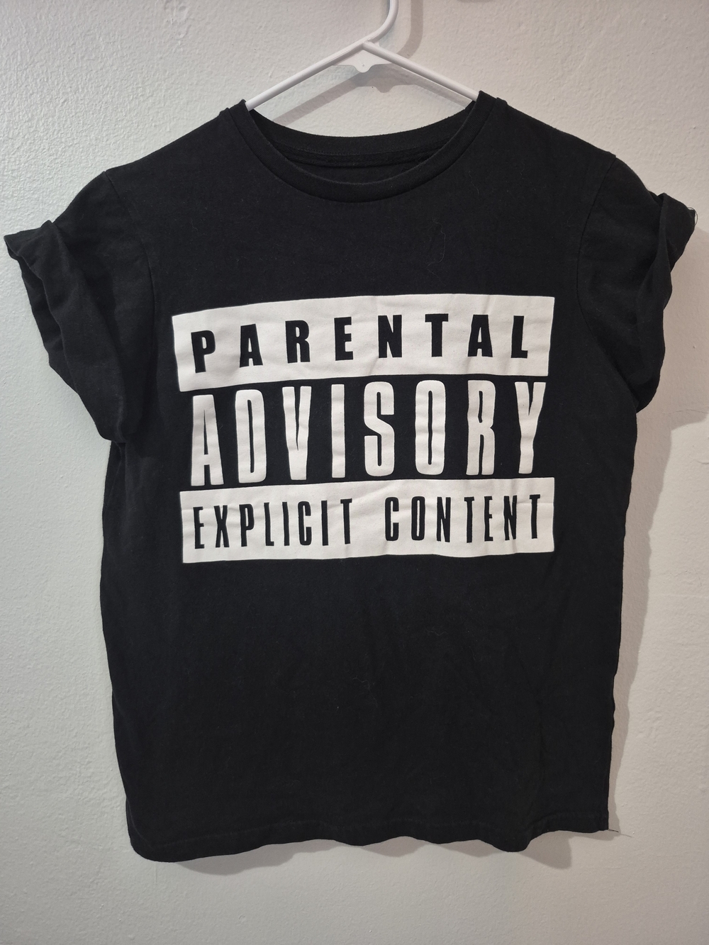 Black Tee with White 'Parental Advisory' Graphic Tshirt Top T-shirt fits M-L